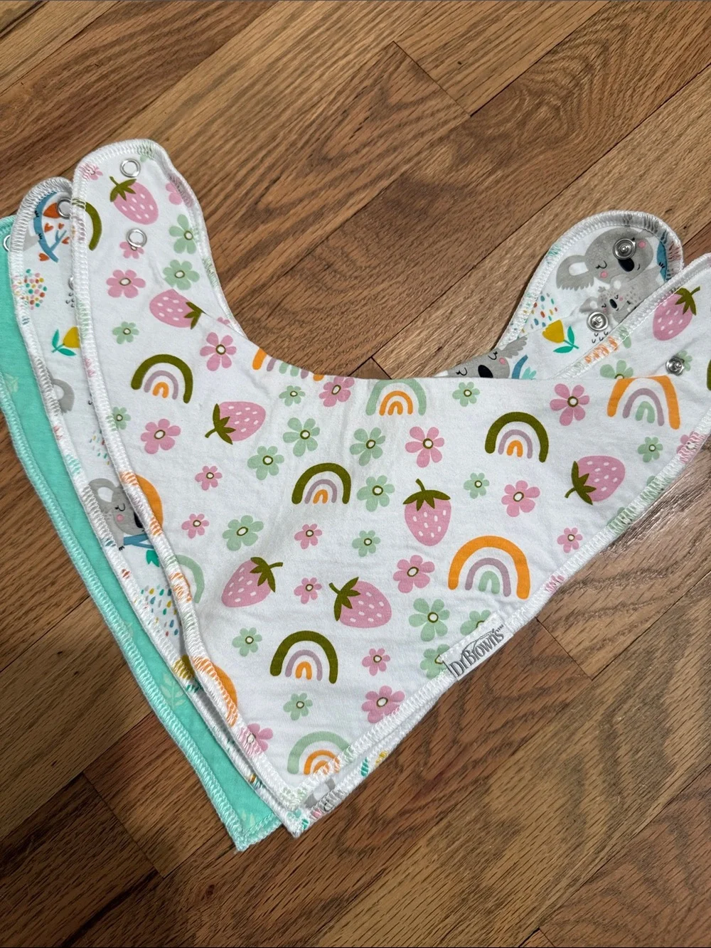 Koala & Rainbow Bandana Bib Trio - Mint, White, Pink